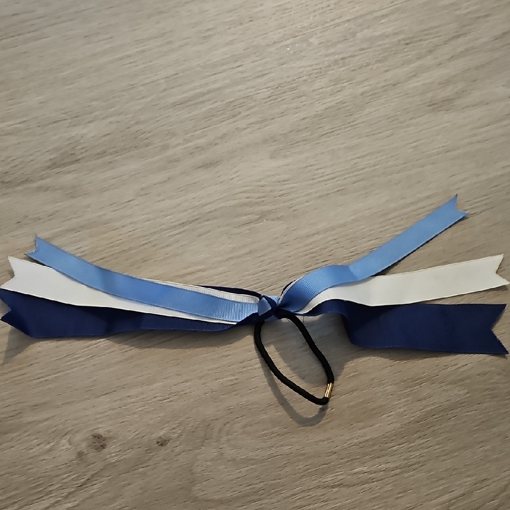 Blue and White Bow Hair Tie with Ribbons Cheerleading